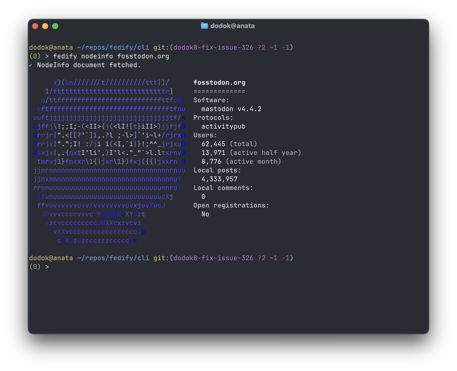 The result of fedify lookup fosstodon.org. The NodeInfo document is
visualized along with the favicon.
